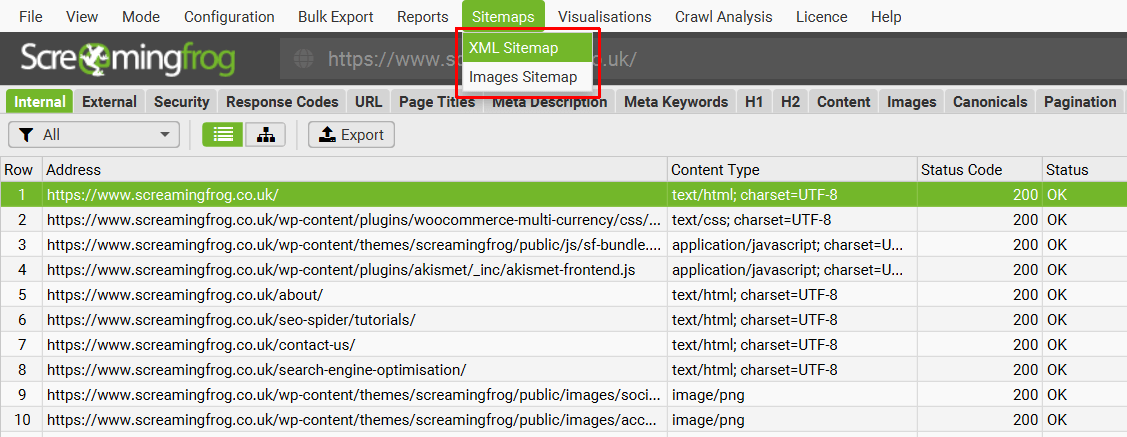[Screenshot: Screaming Frog XML Sitemap export settings with lastmod, changefreq, and priority unchecked]