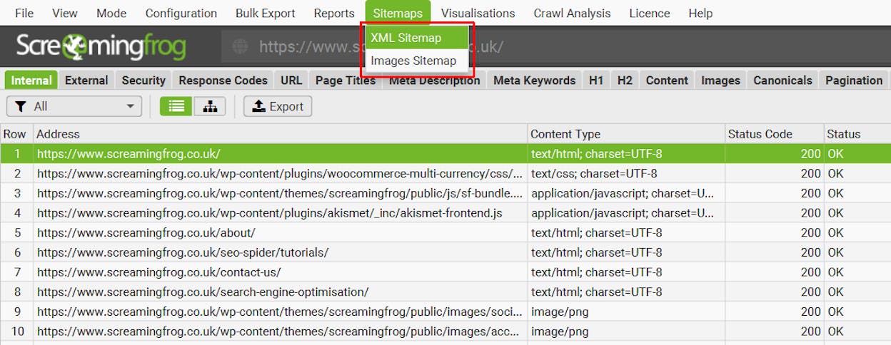 [Screenshot: Screaming Frog XML Sitemap export settings with lastmod, changefreq, and priority unchecked]