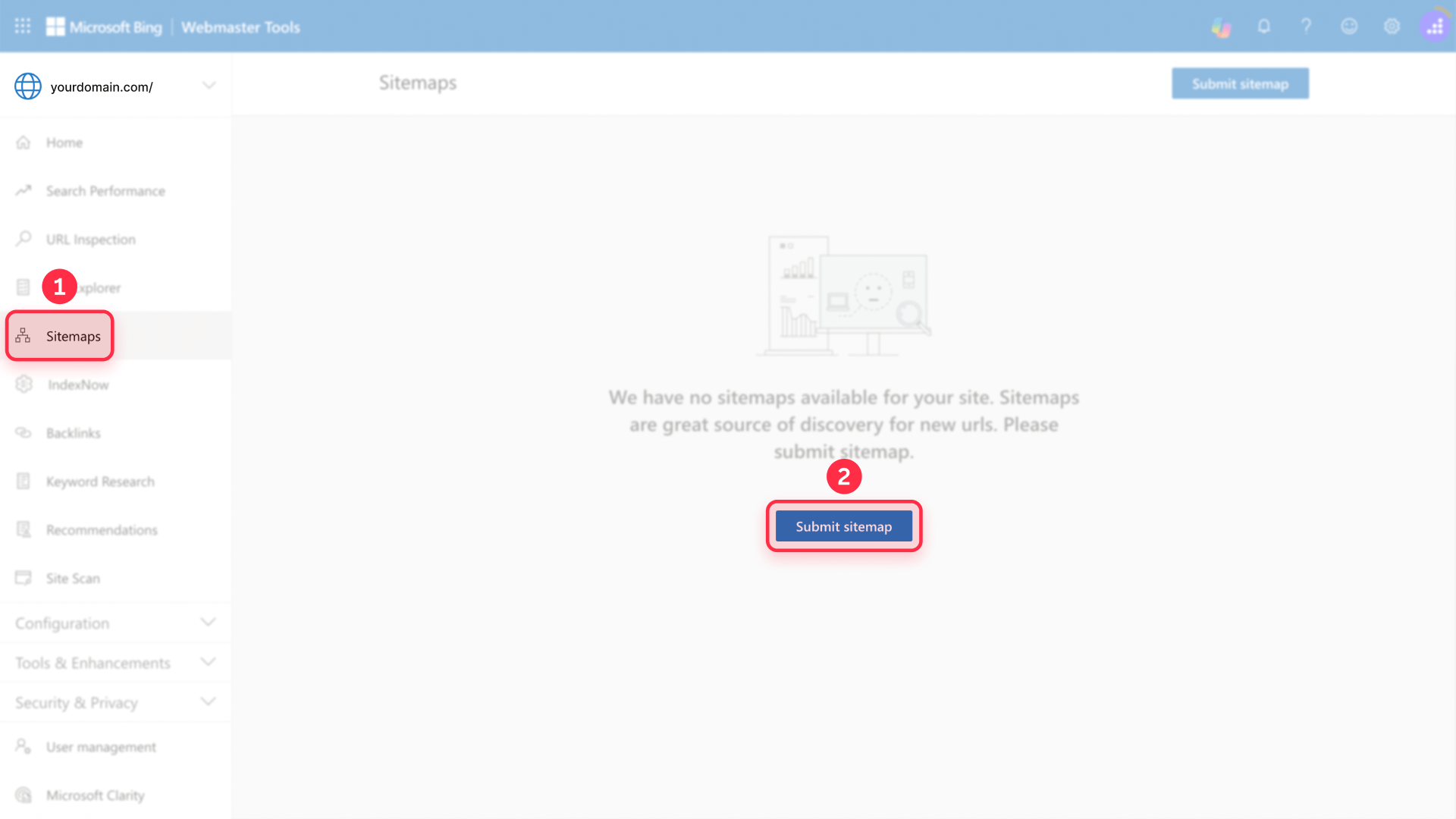 [Screenshot: Bing Webmaster Tools sitemaps page showing the submit sitemap interface]
