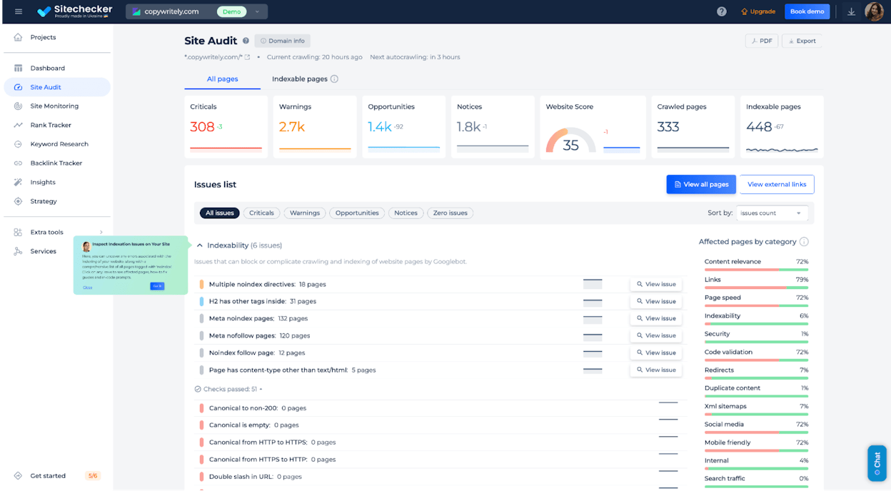 [Screenshot: A site audit tool showing the Indexability report with a list of noindexed pages, some flagged as potentially unintentional]