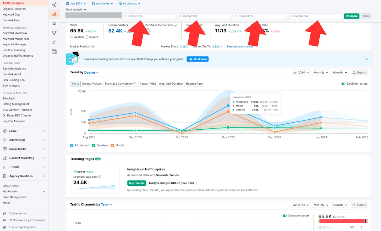 [Screenshot: A site analysis tool showing pages with declining traffic, sorted by traffic change]