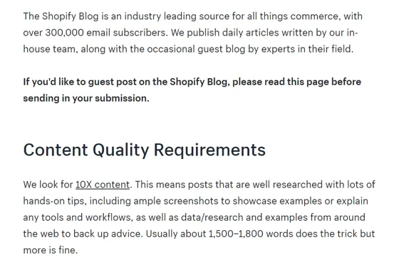 [Screenshot: Example of a blog&rsquo;s guest post guidelines page showing submission requirements]