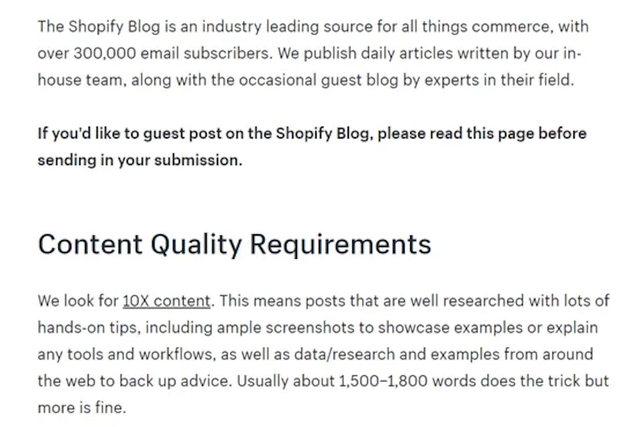 [Screenshot: Example of a blog&rsquo;s guest post guidelines page showing submission requirements]