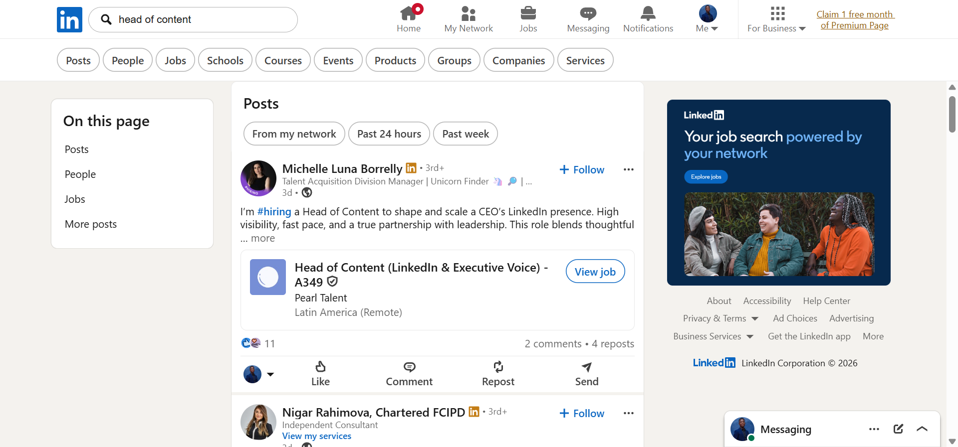 [Screenshot: LinkedIn search results for &ldquo;head of content&rdquo; at a target company]