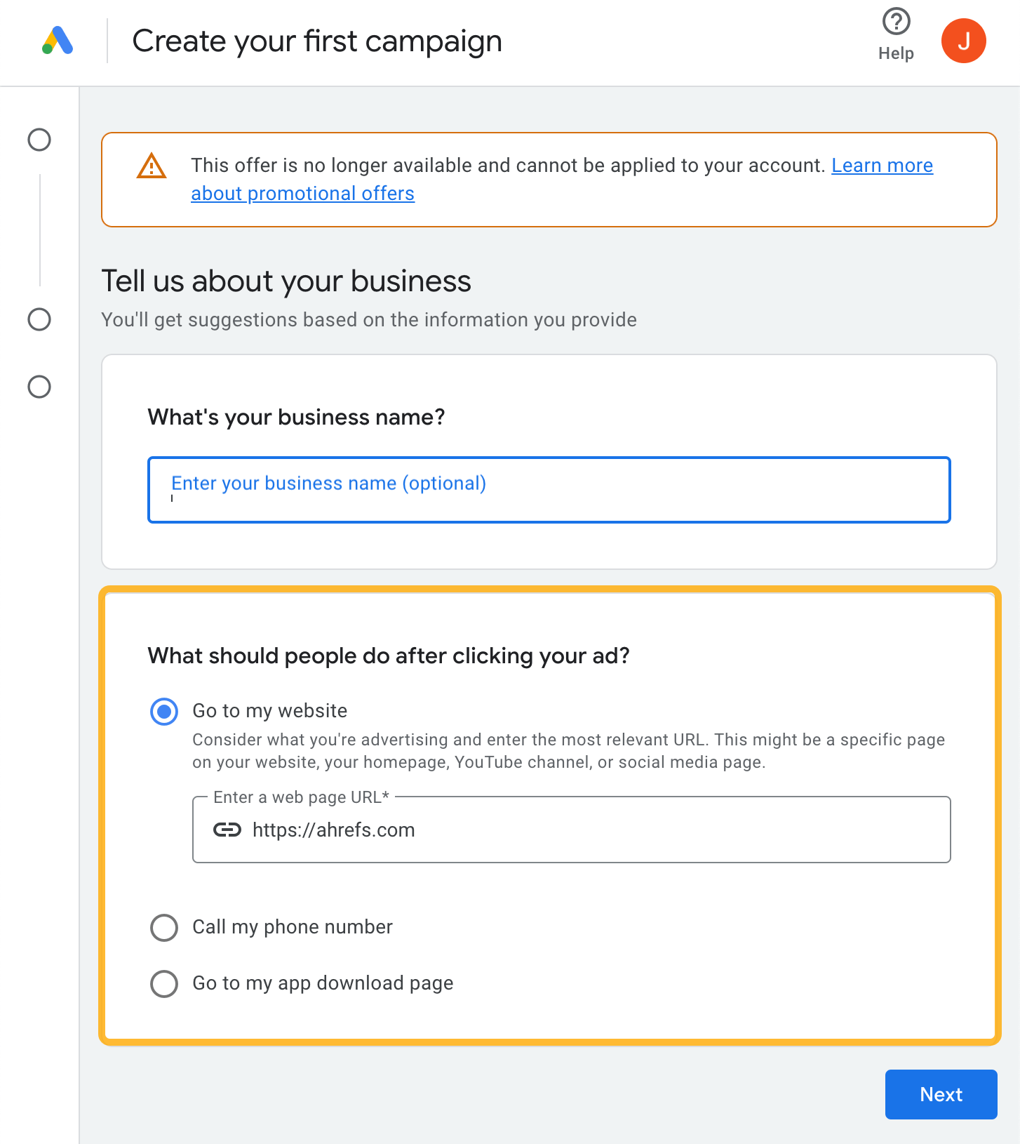 [Screenshot: Google Ads setup screen with website URL field and &ldquo;Next&rdquo; button]