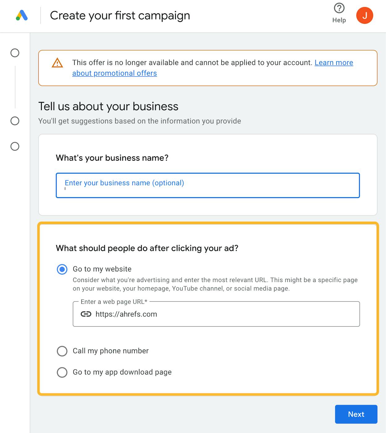 [Screenshot: Google Ads setup screen with website URL field and &ldquo;Next&rdquo; button]