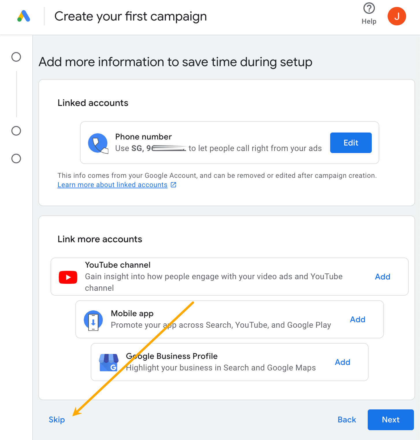 [Screenshot: Google Ads campaign setup screen showing the &ldquo;Skip&rdquo; option]