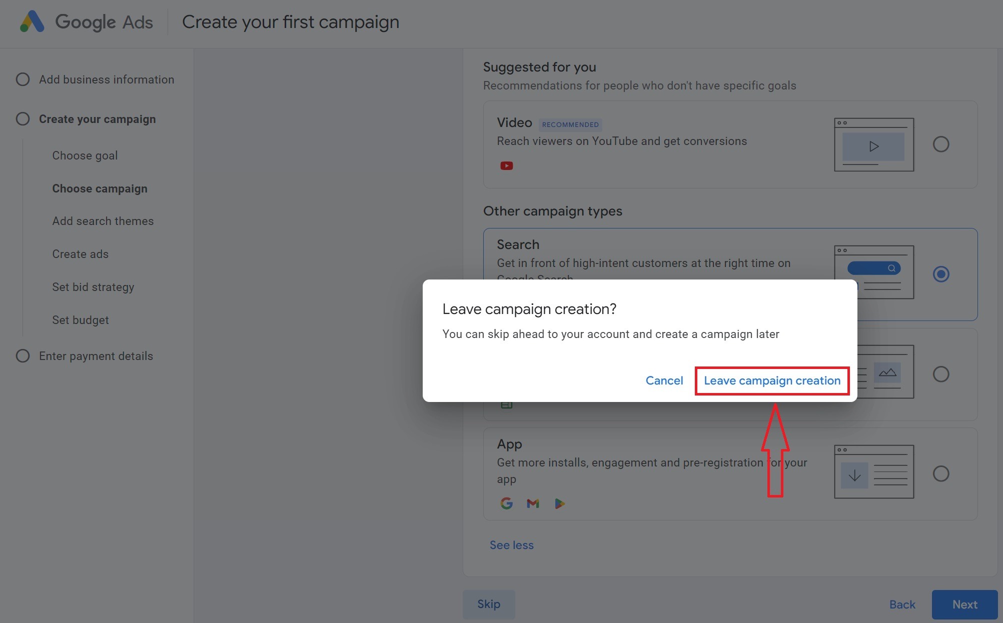 [Screenshot: Pop-up dialog with &ldquo;Leave campaign creation&rdquo; button highlighted]