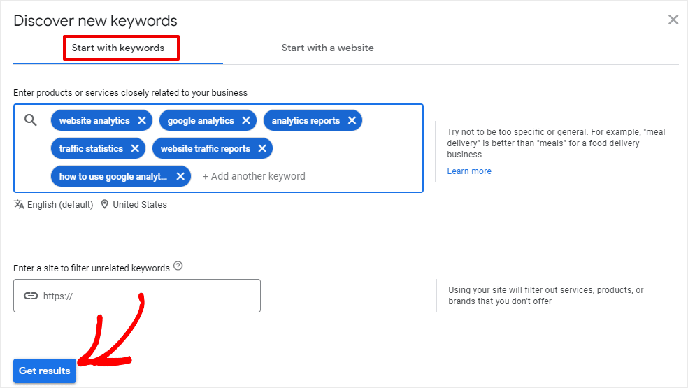 [Screenshot: Keyword Planner &ldquo;Start with keywords&rdquo; tab with example seed keywords entered]