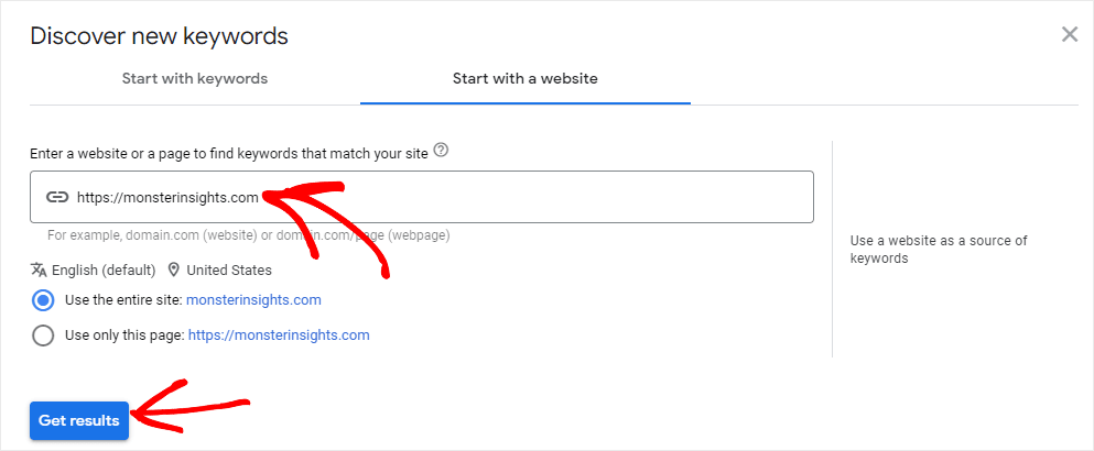 [Screenshot: Keyword Planner &ldquo;Start with a website&rdquo; tab with a competitor URL entered, showing &ldquo;Use the entire site&rdquo; vs. &ldquo;Use only this page&rdquo; radio options]