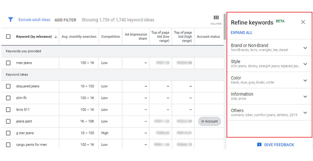 [Screenshot: &ldquo;Refine keywords&rdquo; panel showing brand, type, and style categories with checkboxes]