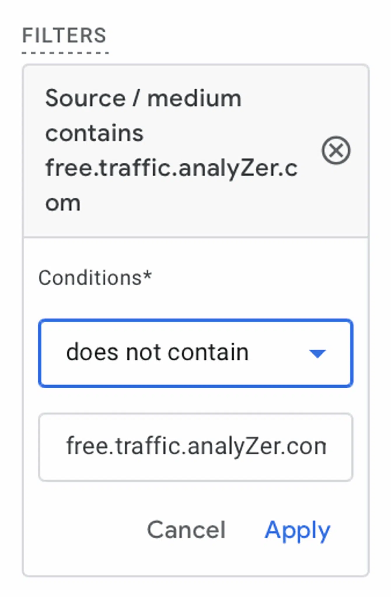 [Screenshot: Keyword filters bar showing &ldquo;does not contain&rdquo; filter with example term entered]