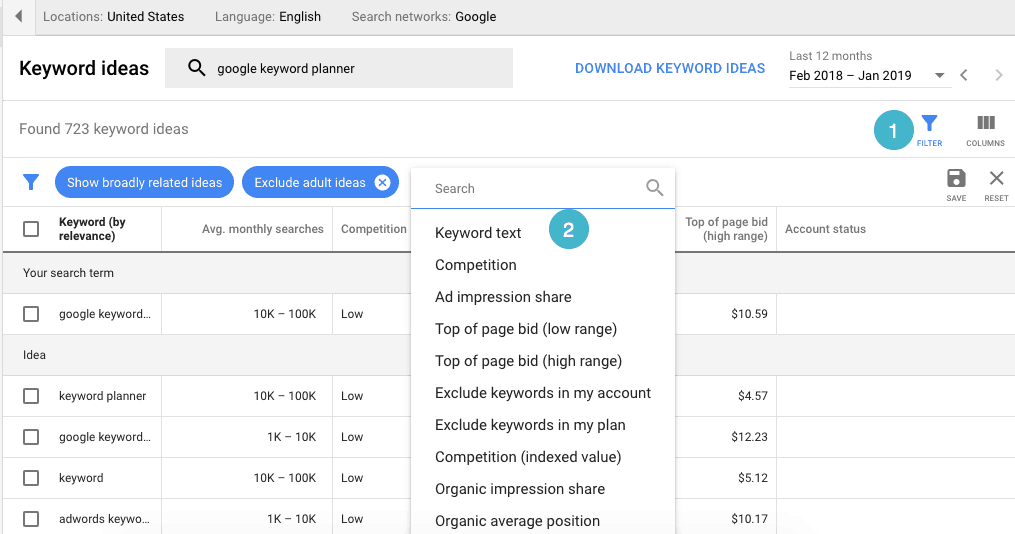 [Screenshot: Download button in Keyword Planner results with CSV and Google Sheets options]