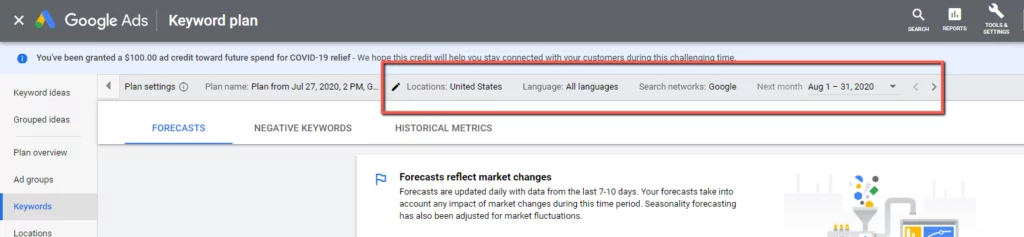 [Screenshot: Language filter in Keyword Planner showing available language options]
