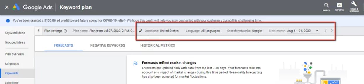 [Screenshot: Language filter in Keyword Planner showing available language options]