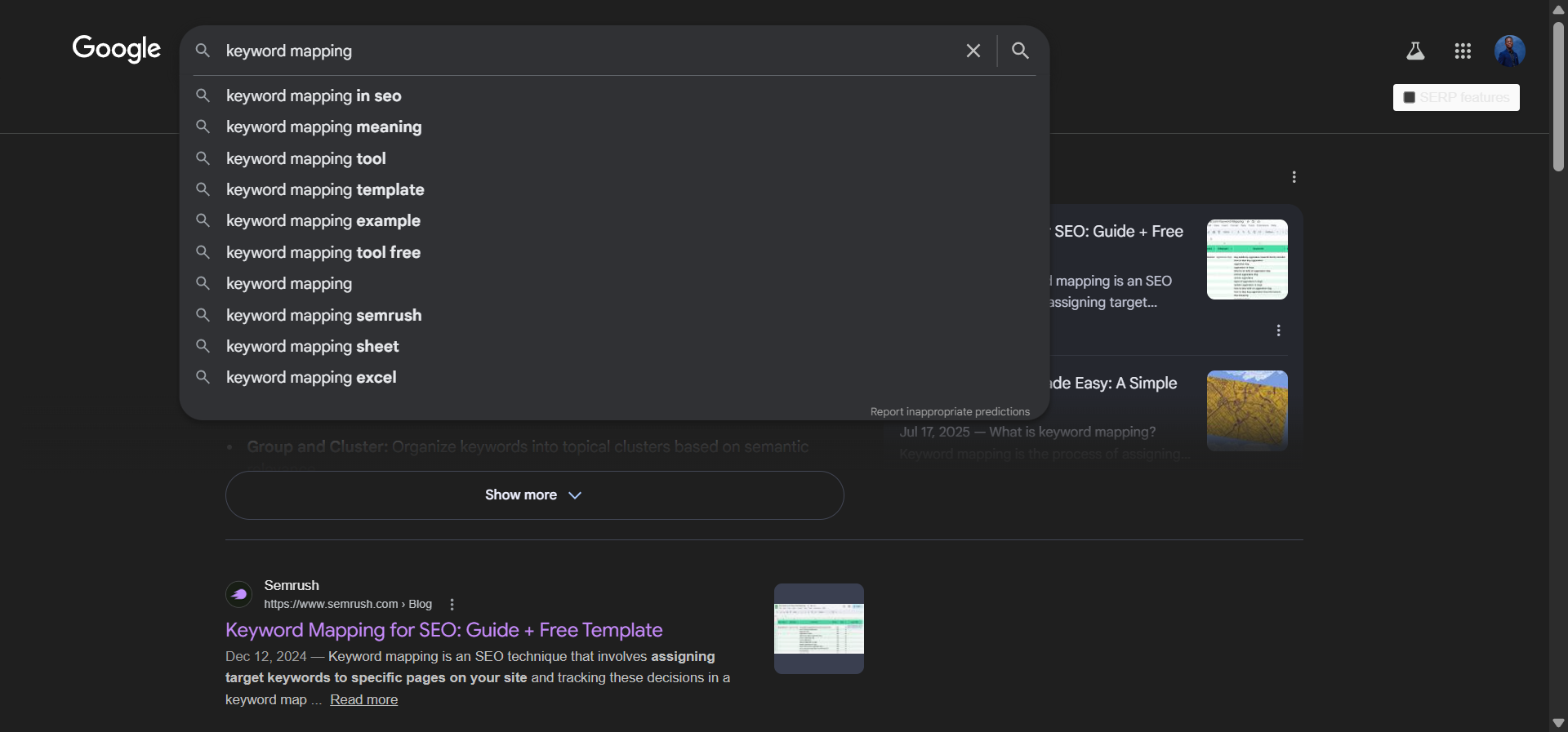 [Screenshot: Google Autocomplete suggestions for a seed keyword like &ldquo;keyword mapping&rdquo;.]