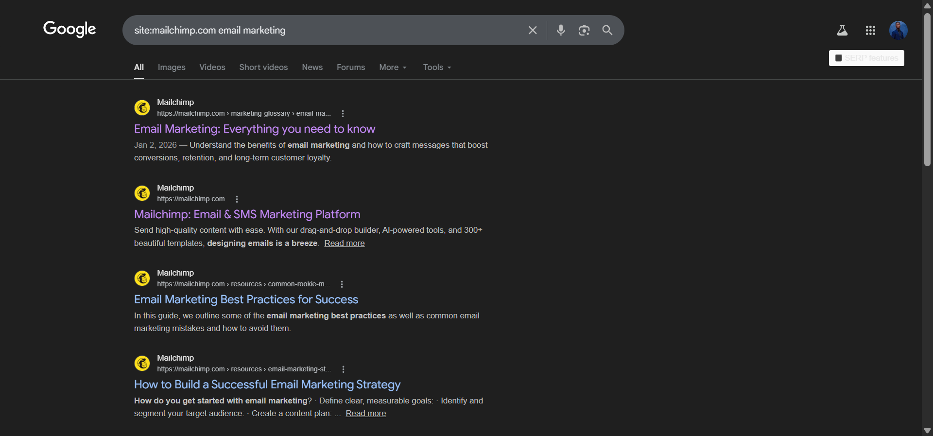 [Screenshot: A site: search in Google showing results for a specific topic, demonstrating how to check whether a page already exists for a given keyword cluster.]