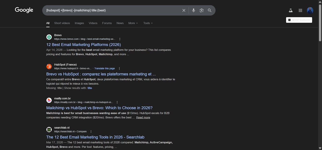[Screenshot: Content Explorer or Google search results showing listicles that mention competitors but exclude a target brand]