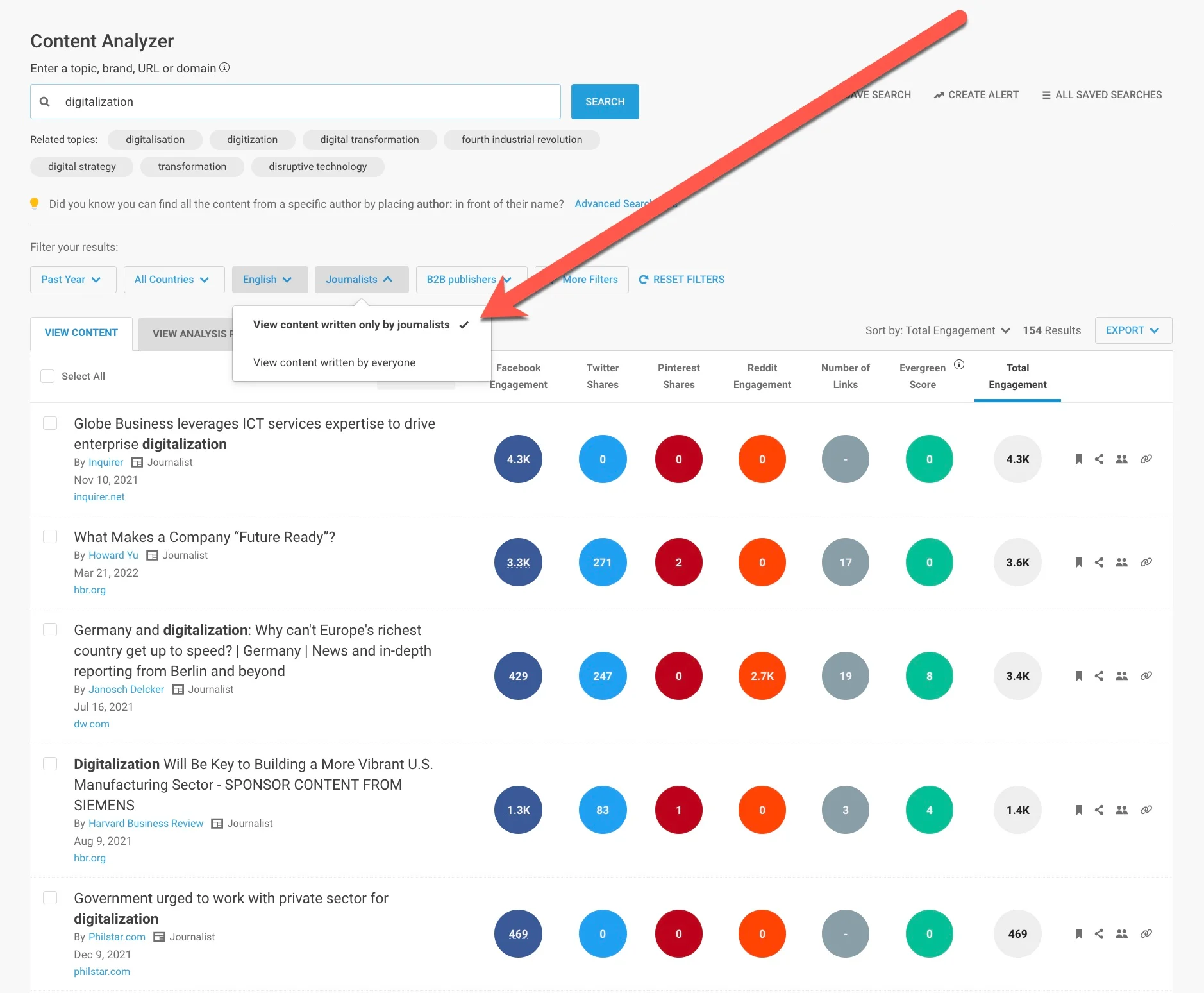[Screenshot: Content research tool filtered to show recent articles on a topic, revealing journalist names]