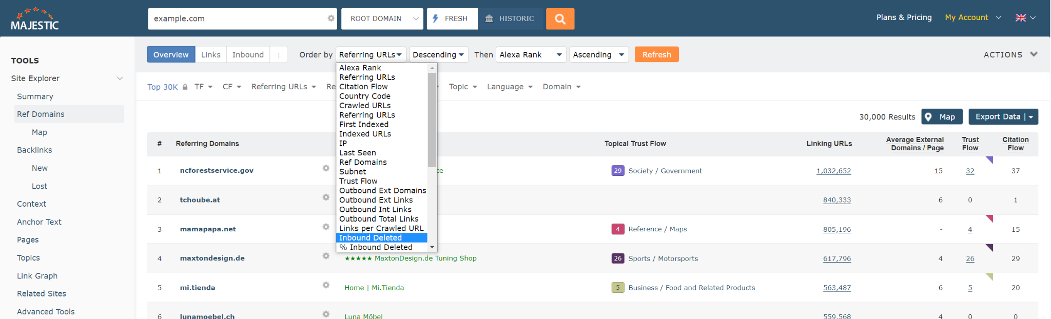 [Screenshot: Content research tool showing pages with 100+ referring domains on a topic, filtered for relevance]
