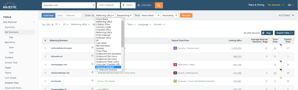 [Screenshot: Content research tool showing pages with 100+ referring domains on a topic, filtered for relevance]