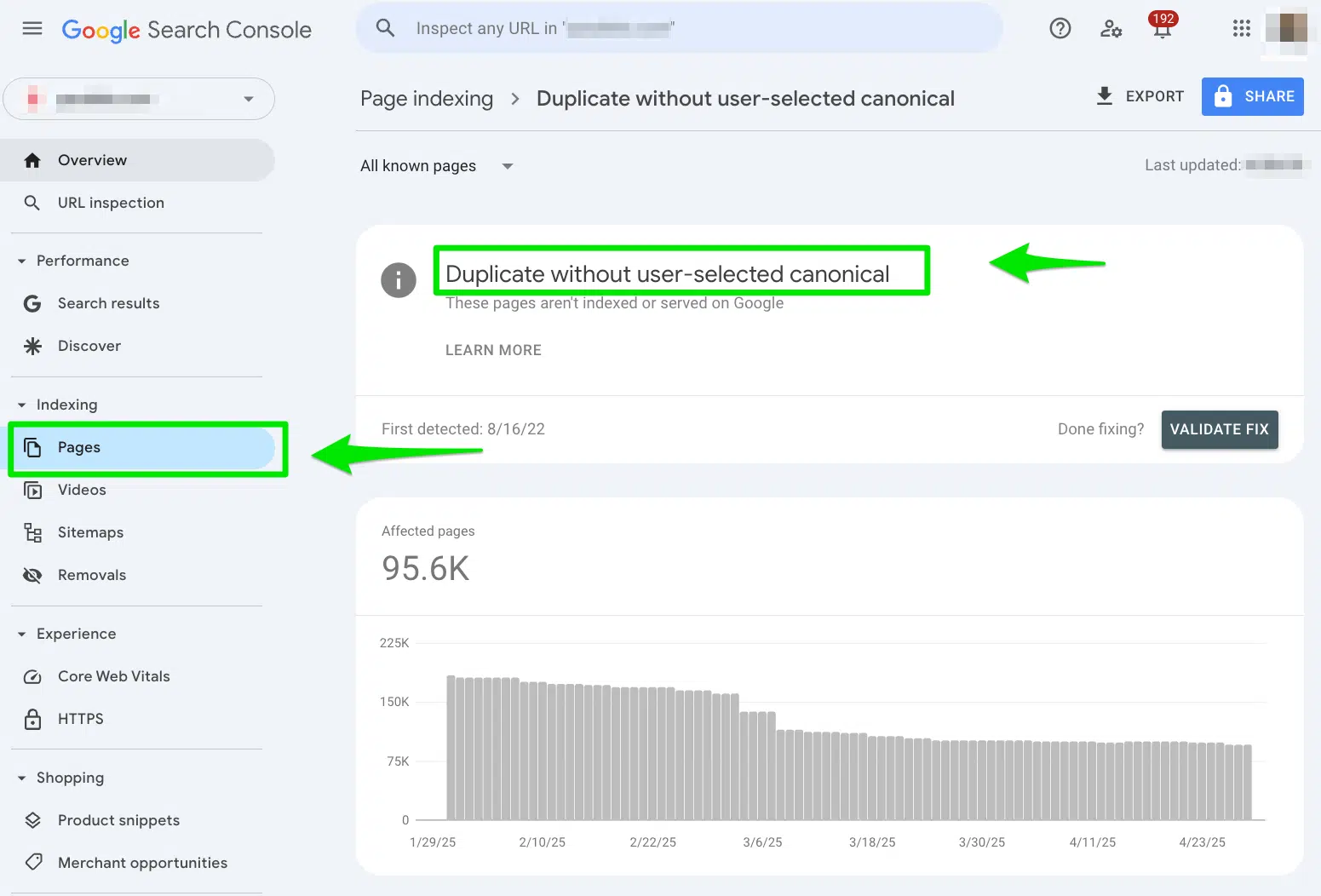 [Screenshot: Google Search Console Pages report showing duplicate content status messages]