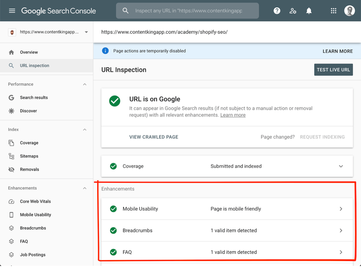 [Screenshot: Google Search Console URL Inspection tool showing canonical status for a specific URL]