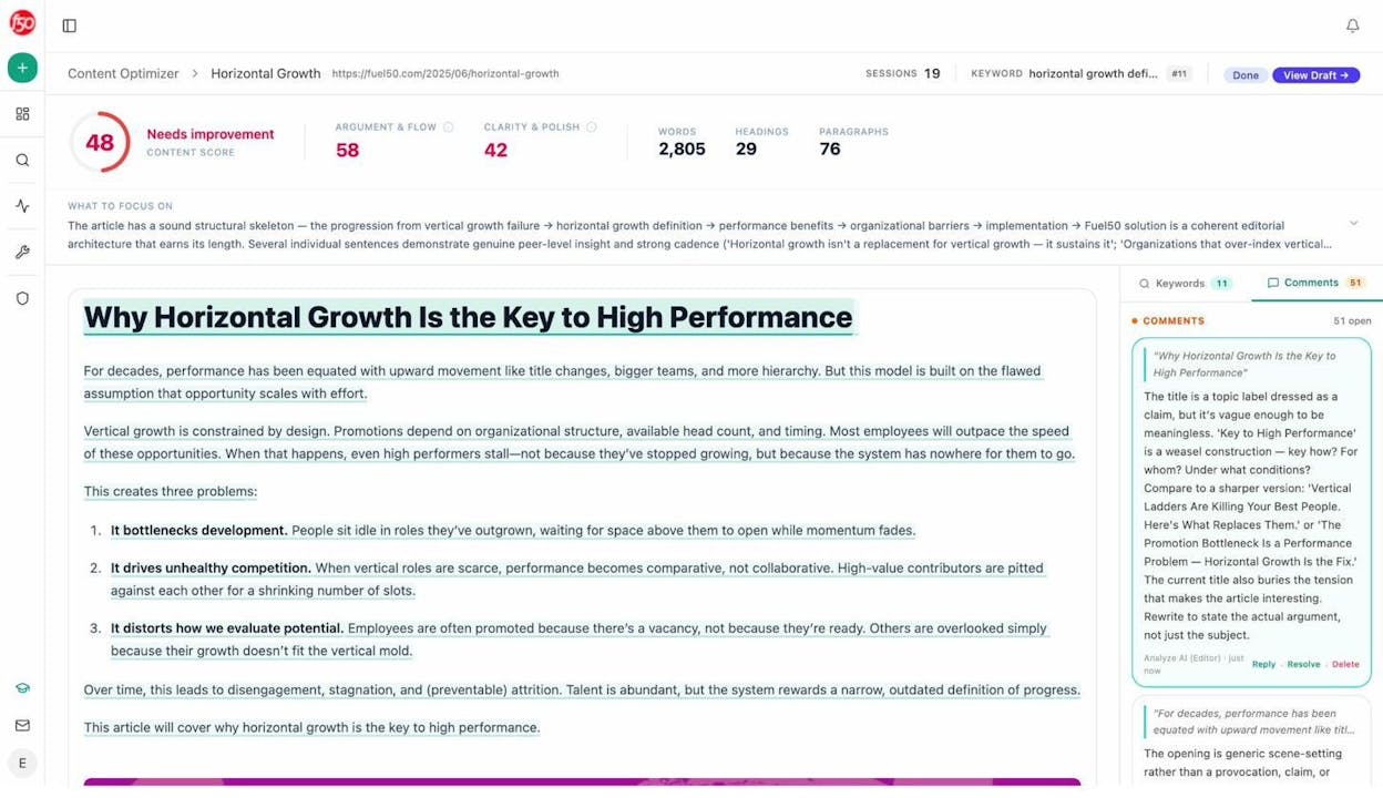 Analyze AI Content Optimizer showing the original fetched content of a page alongside AI editorial comments from the Analyze AI strategist, flagging issues with positioning, thesis rationale, and section strategy.