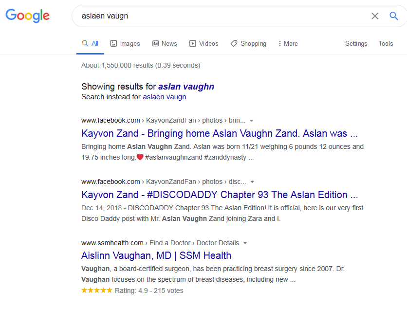 [Screenshot: Google autocorrecting a misspelled search query and showing the intended results]