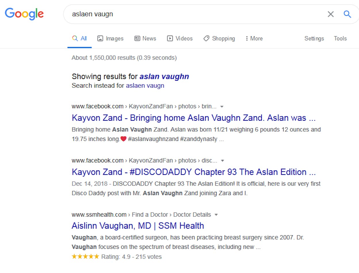 [Screenshot: Google autocorrecting a misspelled search query and showing the intended results]