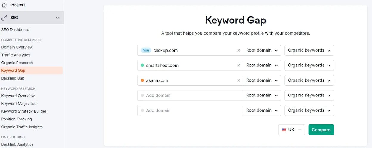 [Screenshot: Content gap tool comparing one page against three competitors, highlighting missing keyword opportunities]