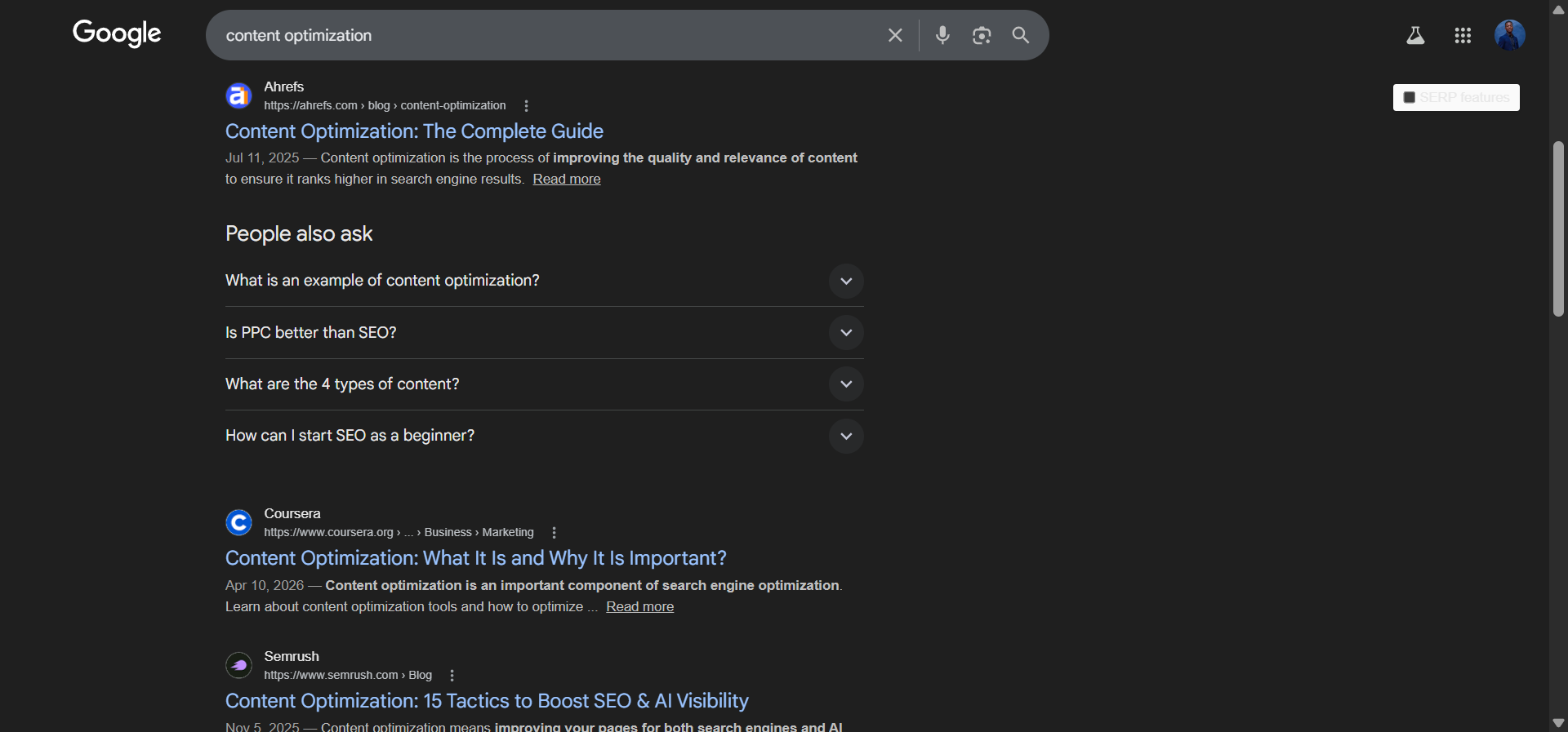 [Screenshot: Google SERP for &ldquo;content optimization&rdquo; showing the type of results, formats, and angles]