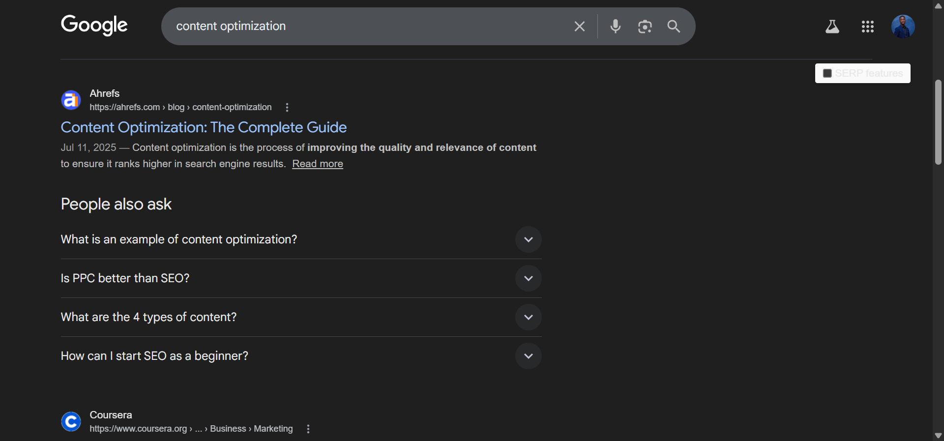[Screenshot: Google&rsquo;s People Also Ask section for &ldquo;content optimization&rdquo; showing related questions]