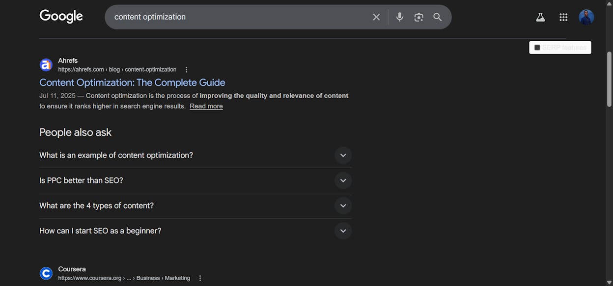 [Screenshot: Google&rsquo;s People Also Ask section for &ldquo;content optimization&rdquo; showing related questions]