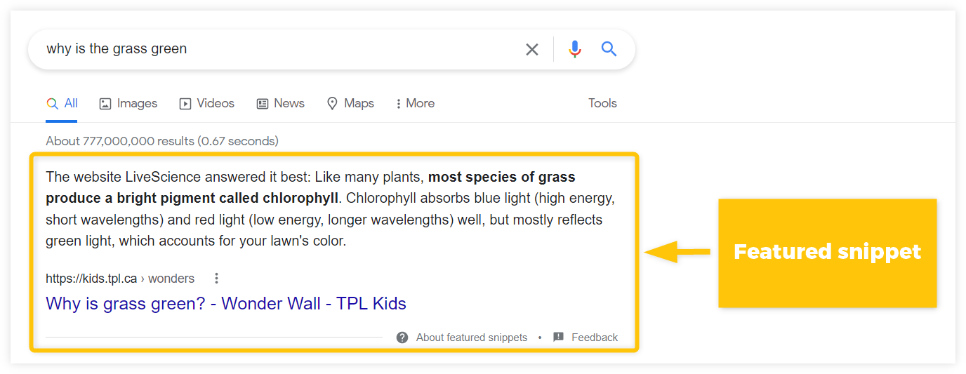 [Screenshot: Google showing a featured snippet for a content-related query]