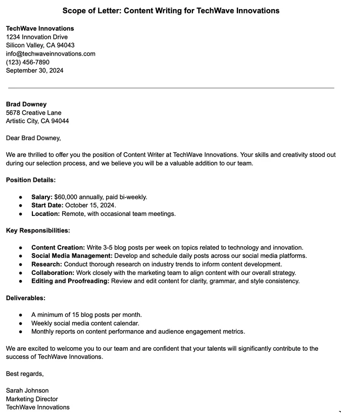 [Screenshot: Example scope of work section broken into monthly and one-time deliverables]