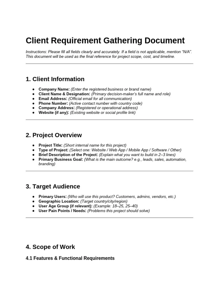 [Screenshot: Example client responsibilities section listing access requirements and feedback timelines]