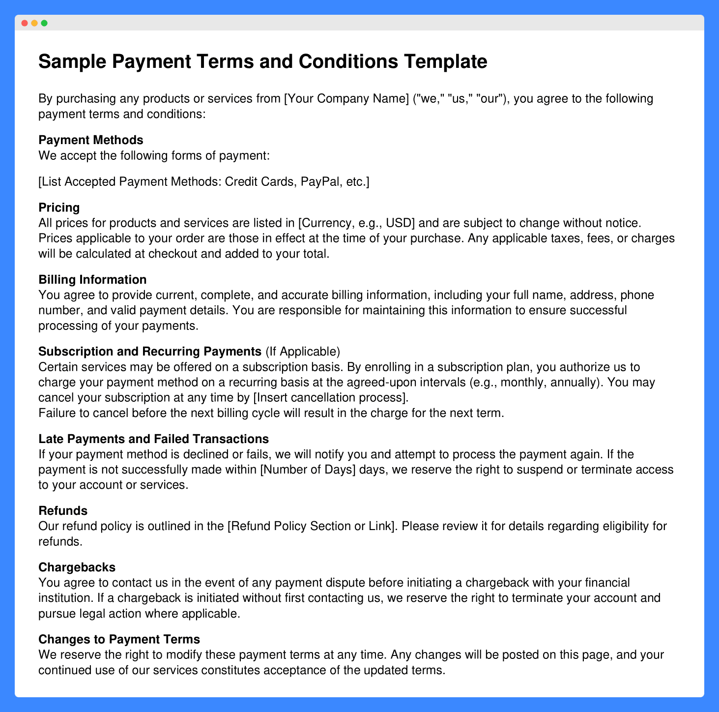 [Screenshot: Example payment terms section with late fee language and dispute process]