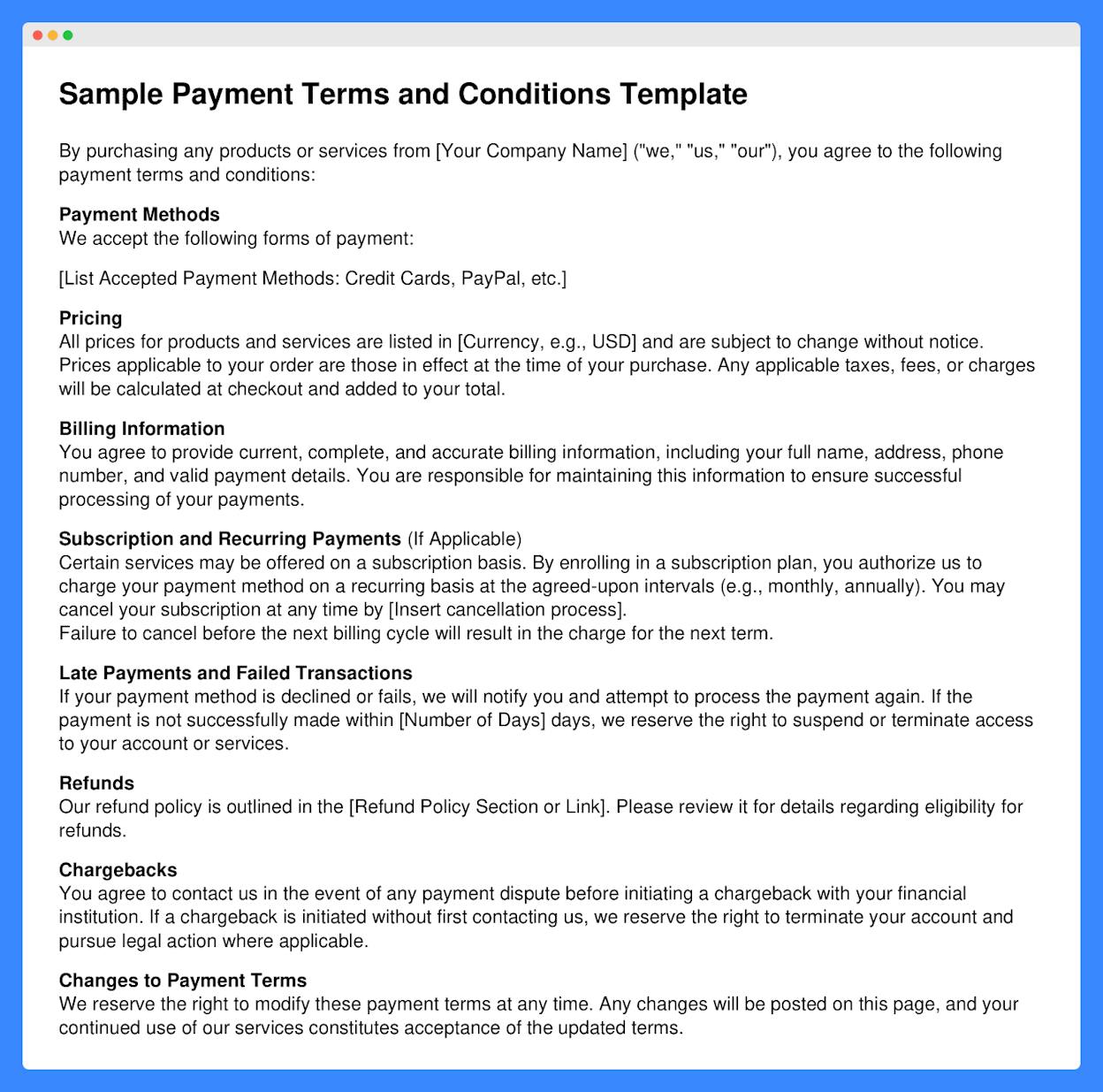 [Screenshot: Example payment terms section with late fee language and dispute process]