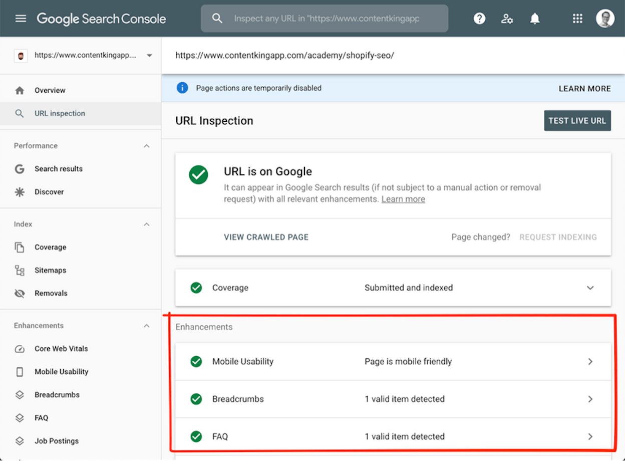 [Screenshot: Google Search Console URL Inspection tool showing the indexing status of a redirected URL]