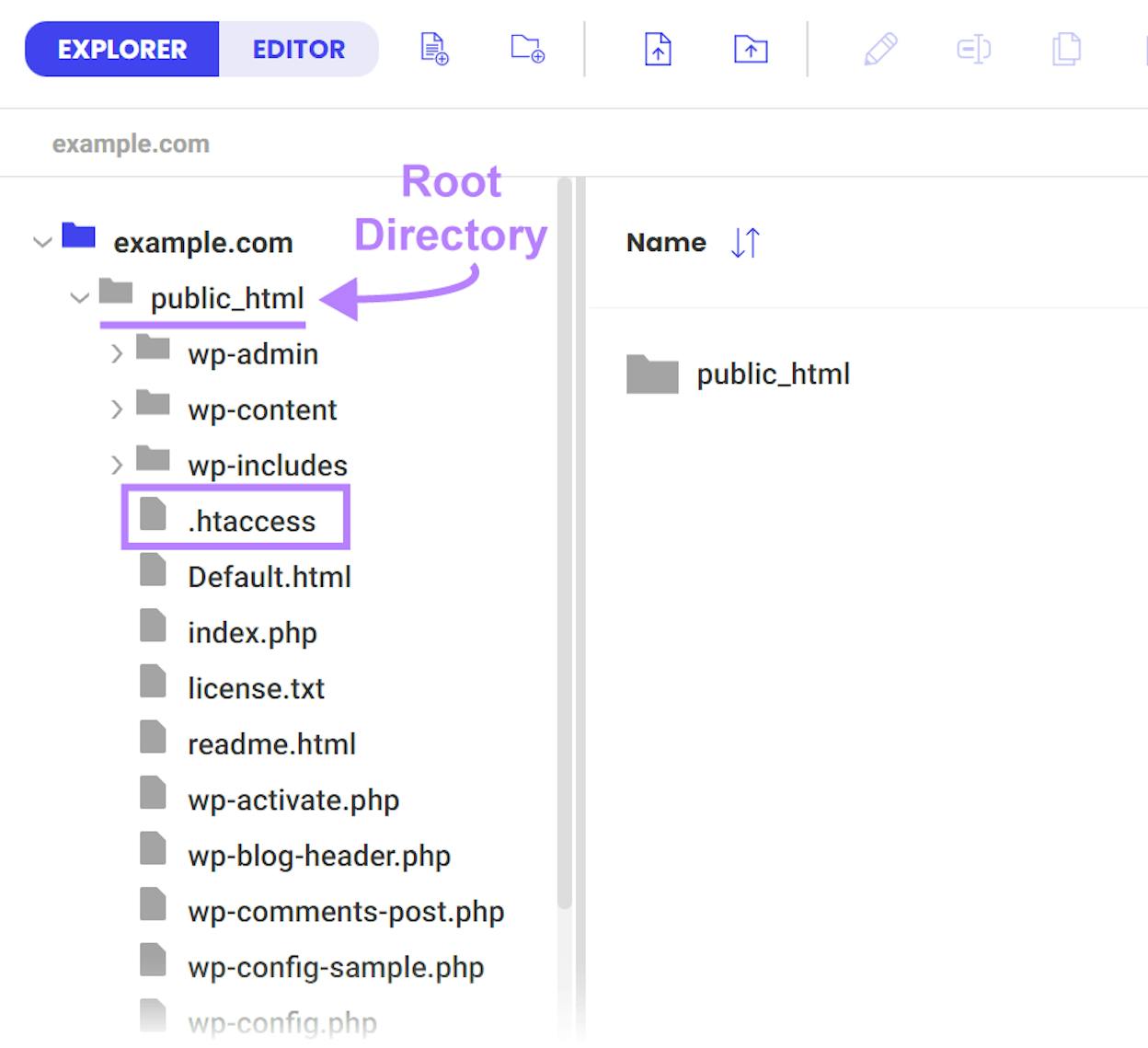 [Screenshot: Server file directory showing the .htaccess file in the root folder]