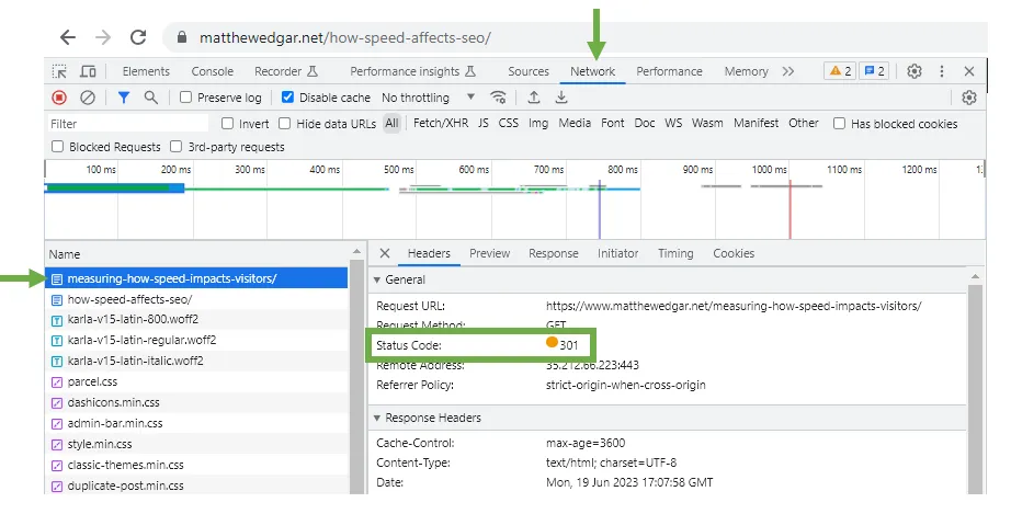 [Screenshot: Browser developer tools showing the Network tab with a 301 redirect from HTTP to HTTPS, highlighting the status code and Location header]