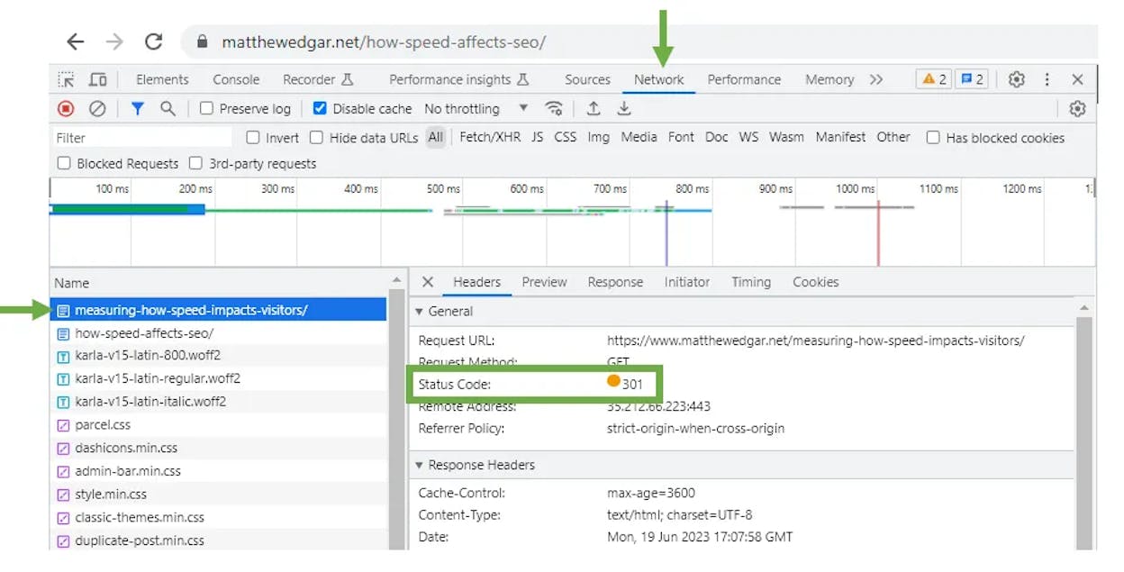 [Screenshot: Browser developer tools showing the Network tab with a 301 redirect from HTTP to HTTPS, highlighting the status code and Location header]