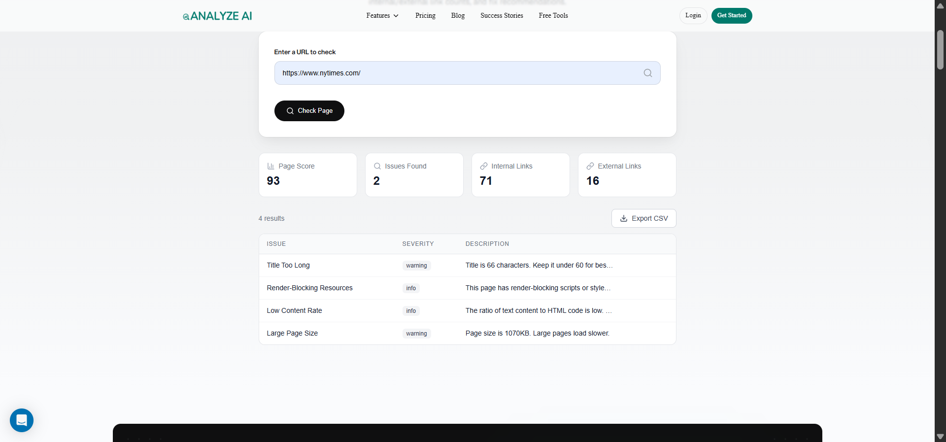 [Screenshot: Analyze AI Broken Link Checker tool showing a scanned domain with a list of broken URLs, their HTTP status codes, and the number of referring pages]