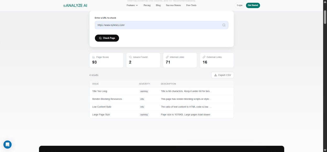 [Screenshot: Analyze AI Broken Link Checker tool showing a scanned domain with a list of broken URLs, their HTTP status codes, and the number of referring pages]