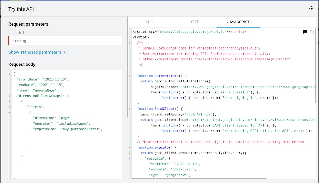[Screenshot: Google Search Console API request in a code editor showing a cURL request pulling search analytics data by query and page]