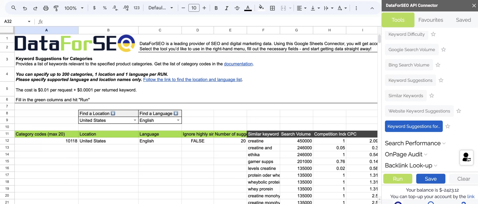 [Screenshot: DataForSEO API response in JSON format showing keyword search volume, CPC, and competition data for a list of keywords]