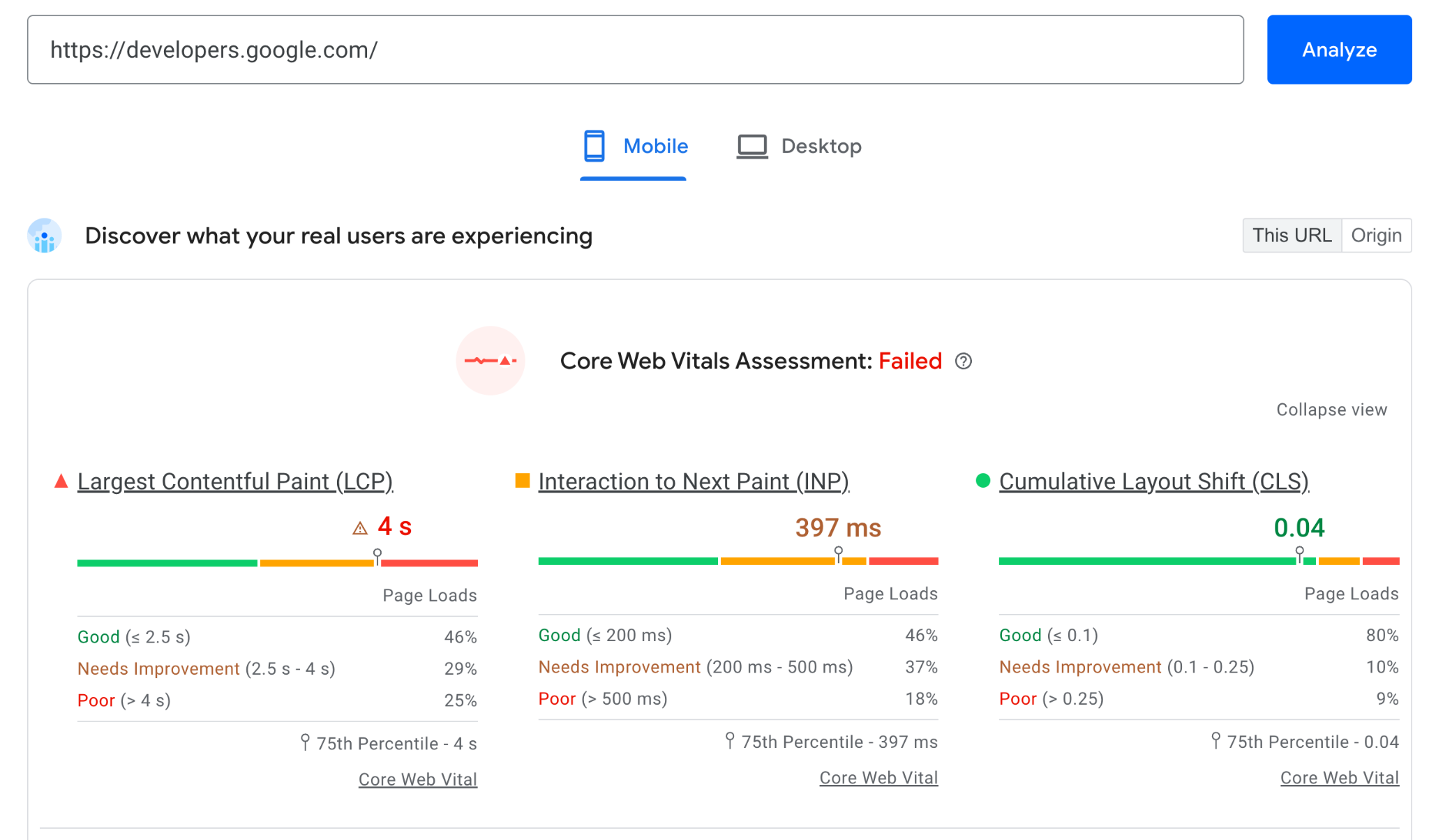 [Screenshot: PageSpeed Insights API JSON response showing LCP, INP, CLS metrics for a URL, with both field and lab data]