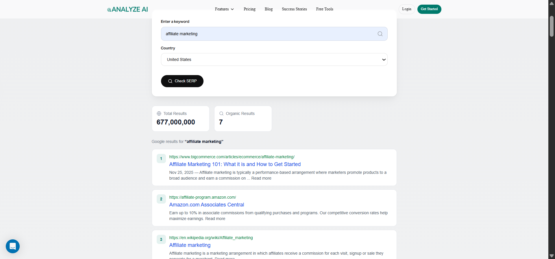 [Screenshot of Analyze AI&rsquo;s SERP checker tool showing top results for a keyword]