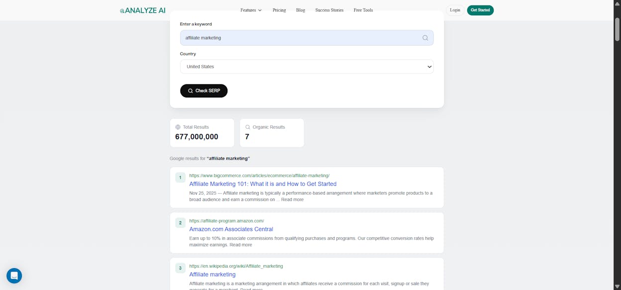 [Screenshot of Analyze AI&rsquo;s SERP checker tool showing top results for a keyword]
